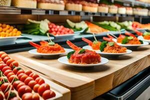 uma variedade do Comida é exibido dentro uma supermercado. gerado por IA foto