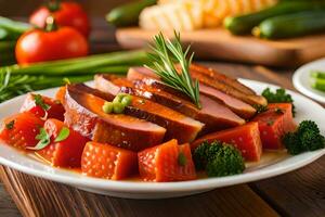 uma prato do carne e legumes com uma alecrim raminho. gerado por IA foto