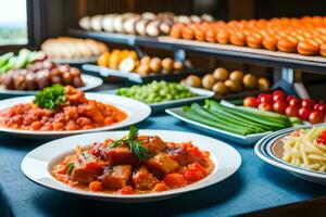 uma bufê com muitos diferente tipos do Comida. gerado por IA foto