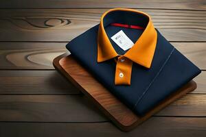a laranja e azul camisa em uma de madeira mesa. gerado por IA foto
