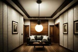 uma quarto com uma sofá e luminária dentro isto. gerado por IA foto
