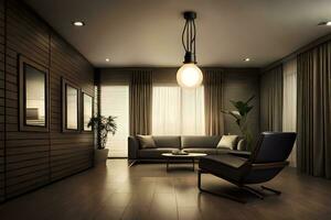 uma vivo quarto com uma sofá e uma lâmpada. gerado por IA foto