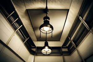 dois luzes suspensão a partir de a teto dentro uma Sombrio sala. gerado por IA foto