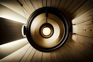 uma circular luz é brilhando dentro uma Sombrio sala. gerado por IA foto