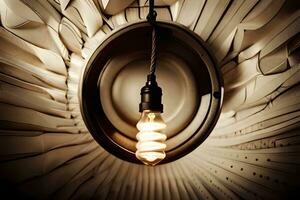 uma luz lâmpada é suspensão a partir de uma circular muro. gerado por IA foto