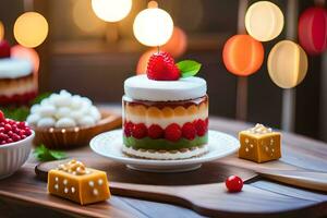 uma sobremesa com fruta e uma bolo em uma mesa. gerado por IA foto