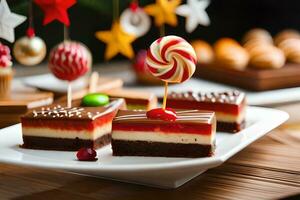 Natal sobremesa com doce e Natal decorações em uma placa. gerado por IA foto