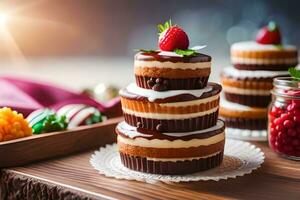 uma bolo com chocolate geada e morangos. gerado por IA foto