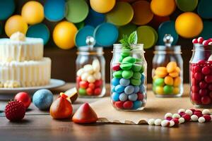 colorida doces dentro frascos em uma mesa. gerado por IA foto