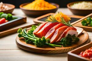 salmão, legumes e de outros alimentos em de madeira pratos. gerado por IA foto