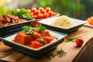 três taças do Comida com carne, legumes e arroz. gerado por IA foto