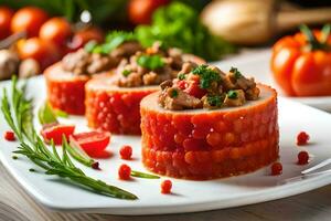 três peças do carne em uma prato com tomates. gerado por IA foto