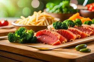 salmão, brócolis e legumes em uma corte borda. gerado por IA foto