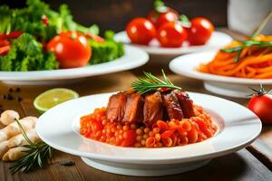 uma prato do Comida com carne, legumes e ervas. gerado por IA foto