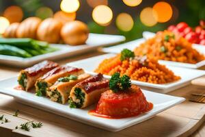 uma mesa com pratos do Comida e uma vidro do vinho. gerado por IA foto