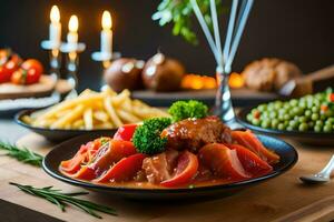 uma mesa com Comida e velas em isto. gerado por IA foto