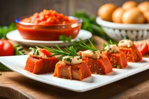 uma prato com carne e legumes em isto. gerado por IA foto