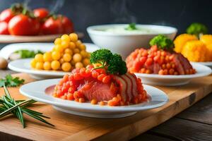 uma mesa com de várias pratos do Comida em isto. gerado por IA foto