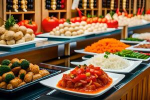 uma bufê com muitos diferente tipos do Comida. gerado por IA foto