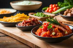 uma mesa com taças do Comida e legumes. gerado por IA foto