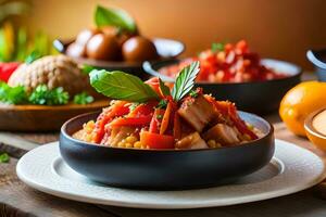 uma tigela do Comida com legumes e carne em uma de madeira mesa. gerado por IA foto