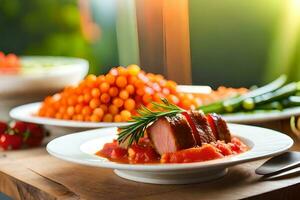 uma mesa com Comida e pratos do legumes. gerado por IA foto