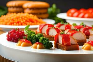 uma prato do Comida com carne, legumes e fruta. gerado por IA foto