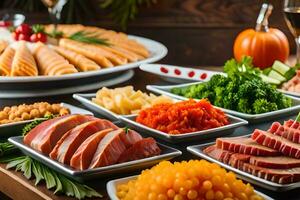 uma mesa com vários tipos do Comida em isto. gerado por IA foto