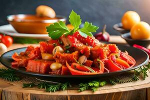 uma prato do Comida com tomates, pimentas e de outros ingredientes. gerado por IA foto