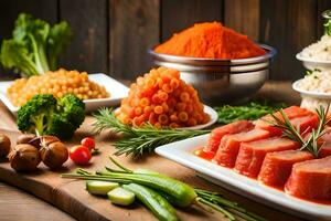 vários tipos do Comida Incluindo carne, legumes e arroz. gerado por IA foto