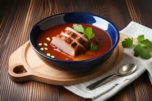 uma tigela do sopa com carne e legumes em uma de madeira mesa. gerado por IA foto
