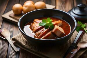 frango sopa com carne e legumes dentro uma tigela em uma de madeira mesa. gerado por IA foto