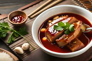 chinês Comida com carne e legumes dentro uma tigela. gerado por IA foto