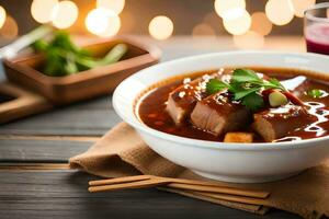 chinês carne de porco e feijão sopa com tofu e legumes. gerado por IA foto