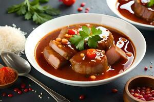 dois taças do carne e legumes com molho. gerado por IA foto