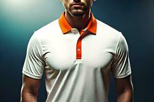 uma homem dentro a laranja e branco pólo camisa. gerado por IA foto