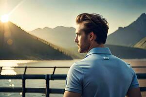 uma homem dentro uma azul camisa olhando Fora sobre uma lago. gerado por IA foto