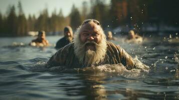 retrato do a velho excesso de peso homem com uma grandes barba com grupo do amigos nadar dentro frio inverno água. foto