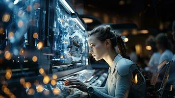 fêmea cyborg jogando em uma computador. aumentado realidade, jogo, futuro tecnologia, ai conceito. foto