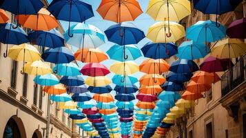 colorida guarda-chuvas dentro a cidade foto