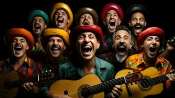 grupo do pessoas dentro uma engraçado e louco mexicano humor jogando a guitarra. foto