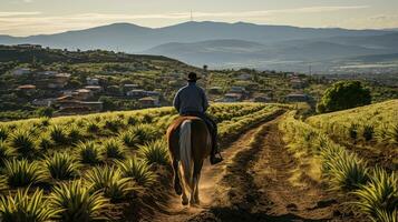 agricultor em dele cavalo caminhando dentro dele agave semente dentro jalisco, México. foto
