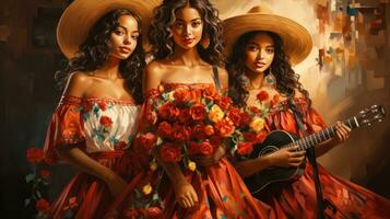 três lindo latino mulheres dentro chapéus e lenços com uma ramalhete do vermelho rosas. foto