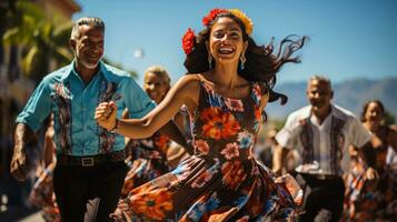 grupo do pessoas dançando às Madeira vinho festival dentro funchal em Madeira ilha, Portugal. foto