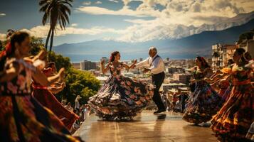 grupo do pessoas dançando tradicional espanhol dança dentro cartagena, Colômbia. foto