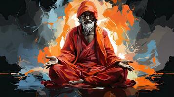 a imagem do indiano monge meditando dentro uma Sombrio quarto com fogo fundo foto