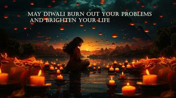 pode diwali queimar Fora seu problemas e iluminar seu vida. cumprimento indiano feriado cartão. foto