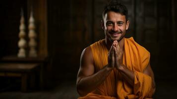 retrato do uma sorridente jovem budista monge dentro dele nos trinta foto