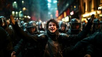 grupo do manifestantes protestando dentro a cidade. humano direitos comício e justiça Guerreiro conceito. foto