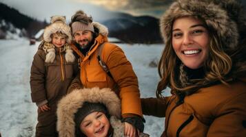 feliz família do quatro tendo Diversão dentro inverno montanhas. mãe, pai e crianças em neve. foto